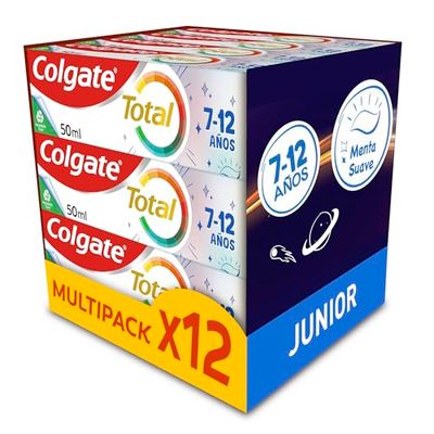 Colgate Total Junior dentifricio per bambini, confezione da 12 pezzi x 50 ml, protezione completa, dentale contenente fluoro, protezione anticarie, ingredienti antibatterici, prodotto riciclabile