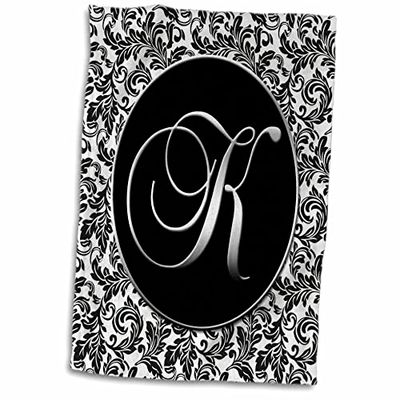 3dRose Letter K-Black and Damask Towel, White, 15 x 22-Inch