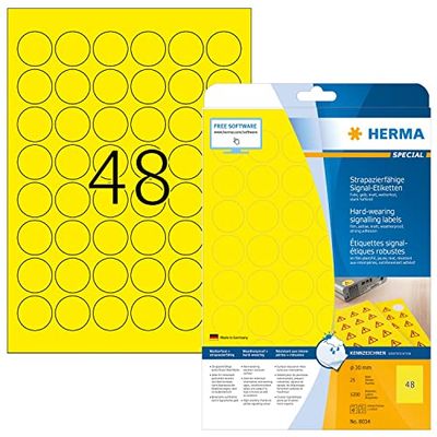 HERMA Self Adhesive Film Labels, 48 Labels per A4 Sheet, 25 Sheets, Ø 30 mm, 1200 Labels, Blank Weatherproof Round Labels Stickers, Sticky Dots for Laser & Inkjet Printer, Yellow
