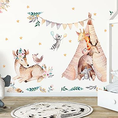 Stickers muraux enfants - Decoratie chambre bébé - Stickers muraux enfant - Sticker muurschildering Animaux des bois bucoliques - Autocollant muurschildering géant Animaux - H135 x B120 cm