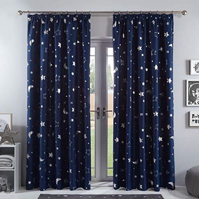 Dreamscene Galaxy Star - Cortinas Opacas térmicas, par de Paneles Plisados metálicos de Luna, Color Azul Marino, 66 x 72 Pulgadas