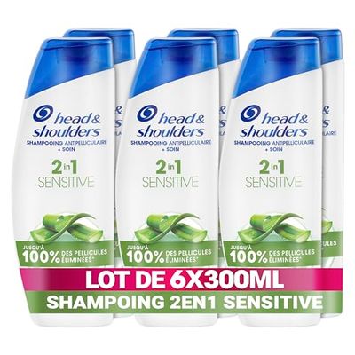 Head & Shoulders Sensitive 2 en 1 Shampoing Antipelliculaire 6x300ml; Jusqu'à 100% des Pellicules Éliminées, Cliniquement Prouvé; Tous Types de Cheveux; Usage Quotidien; Sensation de Propreté