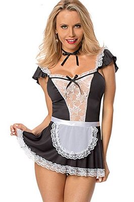 SHESHY Women Sexy Lingerie Maid Cosplay Costume French Naughty Cute Lace Dress Lingerie Babydoll Sleepwear (Black, M)