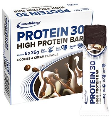 Protein 30 Protein Bar Cookie & Cream - 6 x high-Protein Snacks, 35g, Reduced Sugar, 30% Protein Content, Delicious Snack with a Delicate Cream Filling