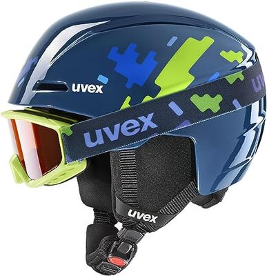 uvex Viti Set, Casco e Maschera da Sci Unisex Bambino, Blue Puzzle, 46-50 cm