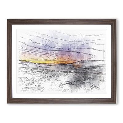 Sunrise Over The Yorkshire Dales Sketch Modern Art Framed Wall Art Print, Ready to Hang Picture for Living Room Bedroom Home Office Décor, Walnut A3 (46 x 34 cm)