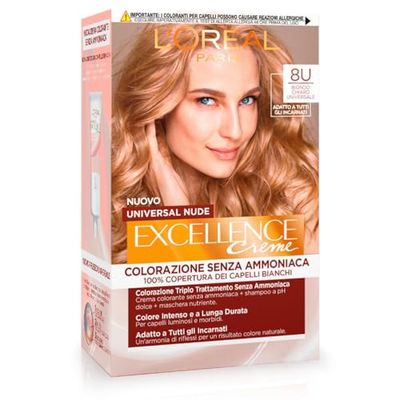 L’Oréal Paris Colorazione Excellence Universal Nude, Senza Ammoniaca, Con Riflesso Universale, Colore Intenso a Lunga Tenuta, Biondo Chiaro 8u