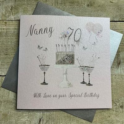 WHITE COTTON CARDS Happy 70th Birthday Card Nanny Champagne Glasses Pink Roses SS42-NNY70,16cm x 16cm