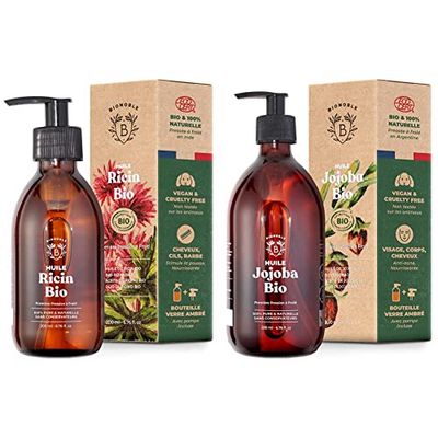 Bionoble Huile de Ricin Bio 200ml - Huile Pousse Cheveux, Cils, Sourcils, Barbe et Ongles - Huile Cheveux & Huile de Jojoba Bio 200ml - 100% Pure, Naturelle et Pressée à Froid - Visage, Corps, Cheveux