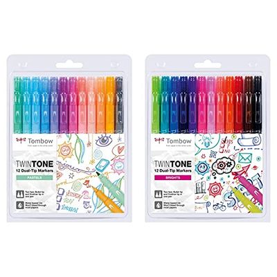 Tombow WS-PK-12P-1 Feutres à deux pointes TwinTone, kit de 12 couleurs vives & WS-PK-12P-2 Feutres à deux pointes TwinTone, kit de 12 couleurs pastel