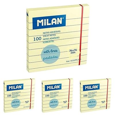 MILAN Bloc 100 notas adhesivas amarillo claro pautadas 76 x 76 mm NUEVO (Paquete de 4)