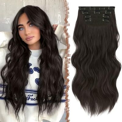FESHFEN Clip in Hair Extensions 4PCS Black Brown Thick Hair Piece Long Wavy Clip in Extensions Full Head Synthetic Fiber Hairpieces for Women, 20 Inch 180g