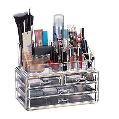 Relaxdays make-up organizer, 4 lades, 20 vakken, lippenstift houder, 2-delige cosmetica opbergdoos, transparant/goud