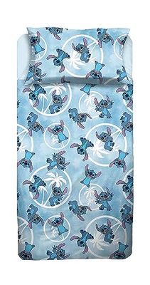 Stitch - Juego de sábanas para Cama Individual, sábana encimera, sábana Bajera Ajustable, Funda de Almohada, Color Azul, Disney, 100% algodón, Producto Oficial