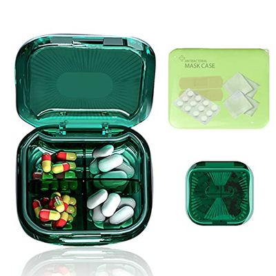 Pill Box Clear Pockets Pill Box with 4 Compartments - Sockets Medicine Organizer Plastic Food Grade with Gift Case