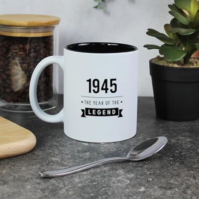 eBuyGB Engraved 1945 Year of The Legend White Black Coffee Mug, 80th Milestone Birthday Gift for Men, Eightieth Gift for Him, 350 ml