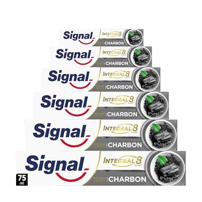 SIGNAL - Dentifrice Integral 8 Nature Elements Charbon - Des dents plus blanches et une bouche purifiée - Zinc minéral - 96% d'ingrédients d'origine naturelle (lot de 6x75ml)