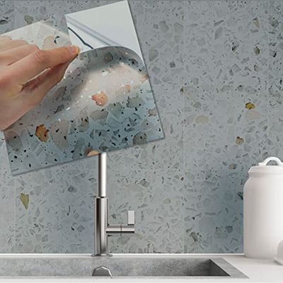 Walplus Tegelstickers Metalen Multiverpakking Modern Zelfklevende Tegels Schillen En Plakken Vinyl Decoratie Waterbestendige Keuken Vloer Badkamer Marmer Terrazzo Metallic Zilver 72Pcs 15Cm(6") Beige