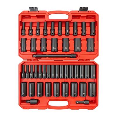 TEKTON 1/2 inch aandrijving diepe 6-punts slagdoppenset, 45-delig (5/16-1-1/4 inch, 8-32 mm) | SID92404