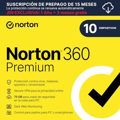 Norton 360 Premium 2025| Antivírus 10 Dispositivos| 15 meses con renovación automática| Descarga digital