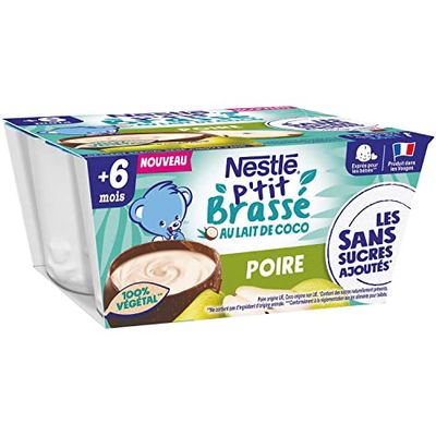 Nestlé Bébé P'tit Brassé Végétal Laitage Lait coco Poire sans sucres ajoutés - dès 6 mois - 4 x 90g
