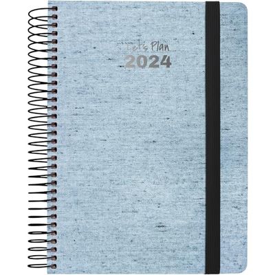 Grafoplás | Day Page 2024 Agenda | Blue Ecojeans | 15 x 21 cm | Spanish | Spiral | Hard Cover Lined Recycled Denim | Elastic Closure | Perfect for Planning Your Year