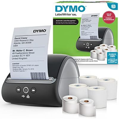 DYMO LabelWriter 5XL etikettskrivare och etiketter | 2 x LW stora fraktsedlar (220 per rulle) | 4 x extra stora fraktsedlar (140 per rulle) | Perfekt för onlineåterförsäljare | Eurokontakt med 2 stift