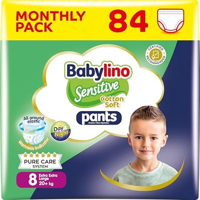 Babylino Sensitive Cotton Soft Pieluchy Majtki, Rozmiar 8, Spodnie XXL (20 kg), 84 sztuki