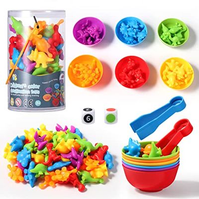 Oderra, 48 Pieces Montessori Ages 3 4 5 6 Years + Dinosaur Counting and Sorting for Learning Colour Counting Fine Motor Skills Math Skills Dino Toy Transparent