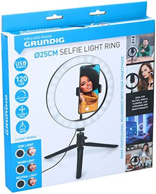 Grundig Selfie Ringlight - Anneau Lumineux - pour Smartphone - Social Media et Vlogs - LED - Flexible - 25 cm