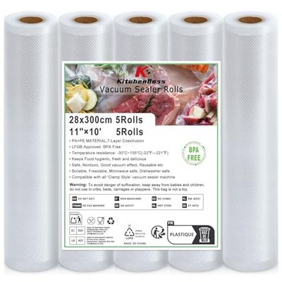 KitchenBoss Rotoli Sottovuoto per Alimenti：Sacchetti Sottovuoto Alimenti Compatibili con Macchine per Sottovuoto e Sous Vide, Buste Sottovuoto Alimenti Goffrato 5 Rotoli 28 x 300cm