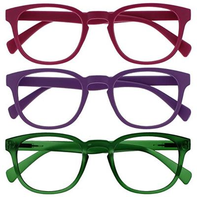 OPULIZE Pop Reading Glasses 3 Pack Fun Round Matt Frame Fuscia Pink Purple Moss Green Spring Hinges Scratch Resistant Mens Womens RRR2-456 +2.50