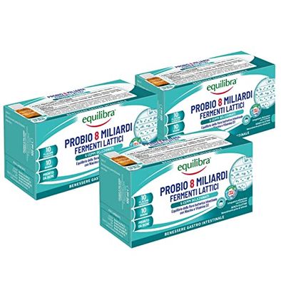 Equilibra Integratori Alimentari, Probio 8 Miliardi, Integratore con Fermenti Lattici e Vitamine con Niacina e Vitamina D3 per l'Equilibrio della Flora Batterica Intestinale, 3 Pezzi da 10 Flaconi