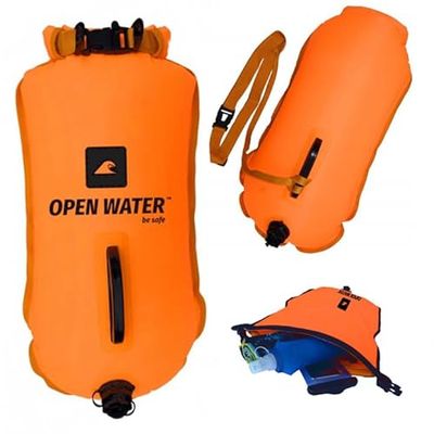 OPENWATER opblaasbare zwemboei XL - grote veiligheidsboei met opbergvak 28L oranje