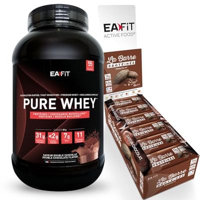 EAFIT, LOT PRISE DE MASSE, Pure whey double chocolat 2,2kg & Barres Protéinées,Prise de muscle, Prise de masse, Apport de proteines, Anti-Dopage, Made in France