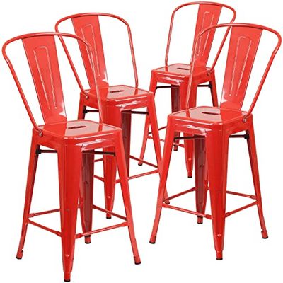 Flash Furniture Lily Banqueta de metal vermelho de grau comercial, 4 unidades, 24 polegadas de altura, para interiores e exteriores, com encosto removível