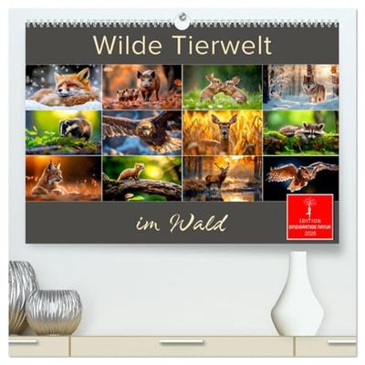 Wilde Tierwelt im Wald (hochwertiger Premium Wandkalender 2025 DIN A2 quer), Kunstdruck in Hochglanz: Scheue Waldbewohner gekonnt in Szene gesetzt.