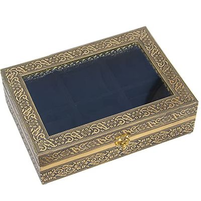 CAJA RELOJES METAL DORADO C/TERCIOPELO NEGRO 28X20X8CM, TAPA CRISTAL