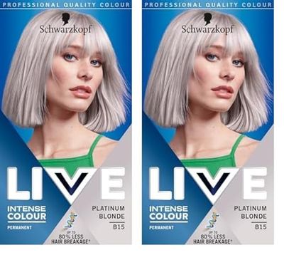 Schwarzkopf LIVE Intense Colour B15 Platinum Blonde, Permanent Hair Dye, Blonde Hair Colour for Lightening and Colouring in 1 Simple Step (Pack of 2)