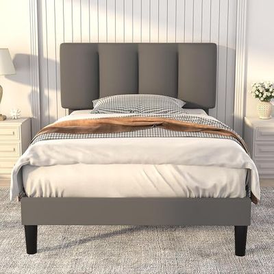 VECELO Gestoffeerd bed 90x200 cm met lattenbodem en rugleuning, huidvriendelijk linnen materiaal, eenpersoonsbed tienerbed (zonder matras), gelegeerd staal, grijs