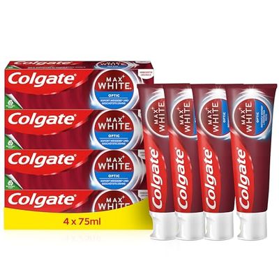 Colgate Max White Optic | Biała pasta do zębów | Błyskawiczne Wybielanie zębów | Dla silnej emalii i zdrowych dziąseł* | Pasta do zębów Colgate Zestaw 4 probówek 75 ml
