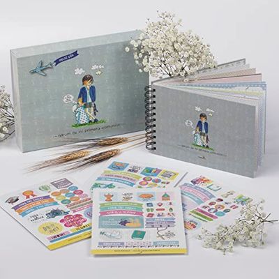 Album Fotos Comunión Niño | HappyMots | 22cm x 15cm | Libro de Firmas Comunión Niño | Viene con Caja Protectora | Album Fotos para Pegar y Escribir | Set de Pegatinas Decorativas Incluido.