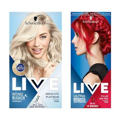 Schwarzkopf LIVE Bleach Lightener x2 and LIVE Ultra Brights Semi-permanent Red Hair Dye x2, Pillar Box Red Hair Bundle