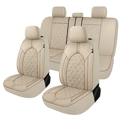 CAROMOP Luxury Leather Car Seat Covers Full Set-Waterproof Seat Protectors with Split Bench Seat Covers for Cars-Universal Cars Interior Covers for Sedans, SUVs, Pick-up Trucks(Beige/Beige Line)