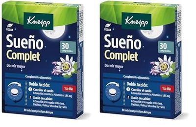 Kneipp Sueño Complet, Tranquilizante Natural para Dormir, Pastillas de Valeriana, Pasiflora y Melatonina para el Insomnio, Tecnología Bicapa para Conciliar y Mantener el Sueño, 30 Comprimidos (1,85mg)