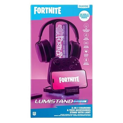 Paladone Fortnite Support de casque 3 en 1 et station de charge technique avec support de manette de console et 2 ports USB-C, panneau lumineux RVB changeant de couleur, cadeau sous licence officielle