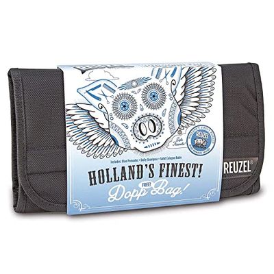 Reuzel Pigs Can Fly Dopp Bag Kit - Blue For Men 3 Pc 3.38oz Daily Shampoo, 1.3oz Solid Cologne Balm, 4oz Pomade, 1.3oz Pomade, Dopp Bag