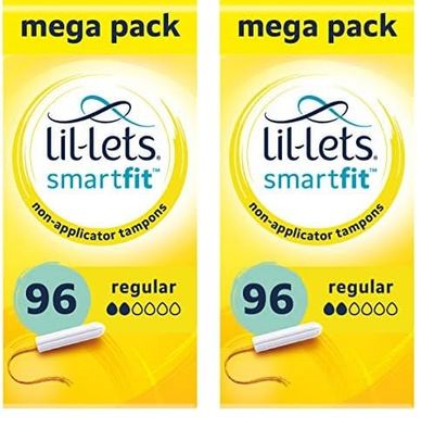 Lil-Lets Non-Applicator Regular Tampons X 96, (12 Packs of 16 Tampons), for Light to Medium Flow, 2 Droplets, Plant-Based, SmartFit Non-App Tampon