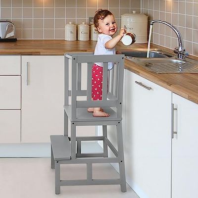 COSYLAND Lärotorn för barn, FSC®-certifierat naturlig bambu, snyggt tippskydd, inlärningstorn, högsta säkerhet, Montessori inlärningstorn från 1 år för köksbord, badrum (grå)