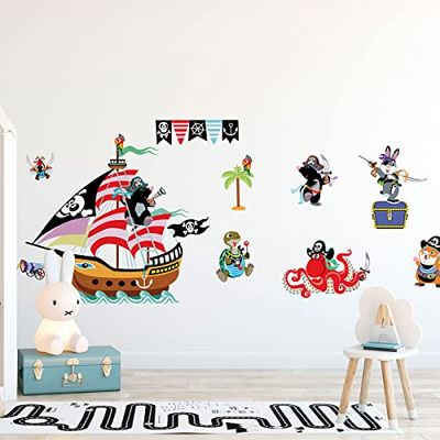Väggdekaler för barn, dekoration, babyrum, väggdekal, barnrum, väggdekal, piratdjur, erövra skatten, H60 x B 90 cm